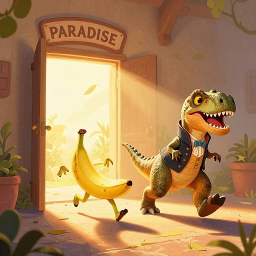 CGI cartoon of a green, anthropomorphic crocodile in a vest and bowtie chasing a banana through a brightly lit 