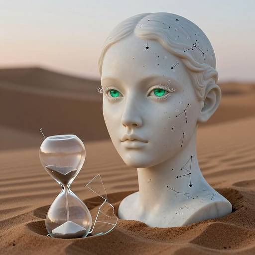 Hyperrealistic bust with emerald eyes and constellation tattoos in desert