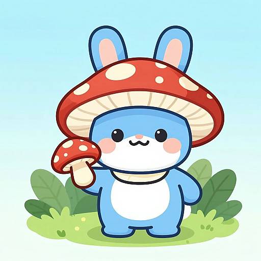 Cute digital illustration of a blue bunny with a red mushroom hat, holding a red-spotted mushroom, standing on grassy ground.