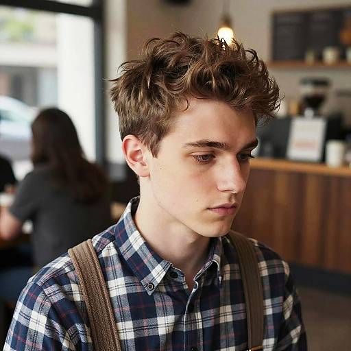 Hipster Man with Textured Quiff Hairstyle in Coffee Shop