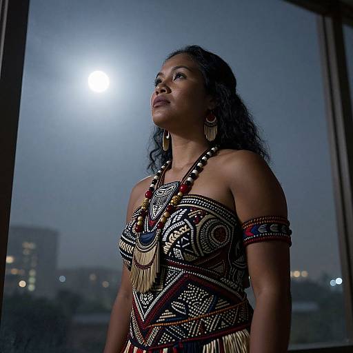 Photograph of a dark-skinned woman with long black hair, wearing a detailed, patterned, beaded dress and large earrings, gazing upward