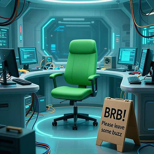 Photorealistic CGI of a futuristic control room with a green ergonomic chair, multiple computer monitors, cables, and a 