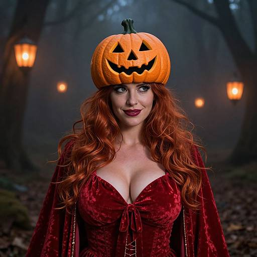 Photograph of a red-haired woman in a red velvet dress, wearing a carved pumpkin hat with a jack-o'-lantern face, standing in a