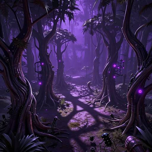 Digital fantasy forest illustration with twisted, glowing purple-lit trees, bioluminescent lights, shadowy underbrush, and small, dark creatures roaming