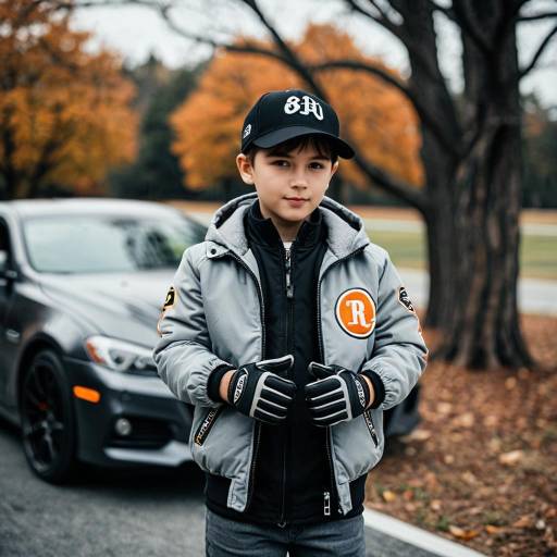 Boy in Racing Outfit Standing by Sports Car