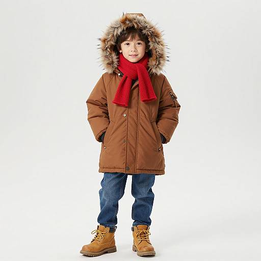 Boy in Brown Winter Coat with Red Scarf