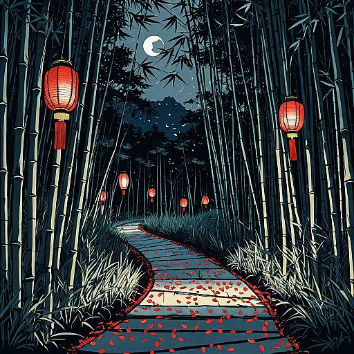 Lantern-lit Bamboo Grove with Falling Petals
