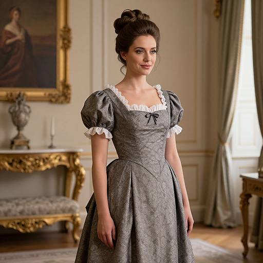 Photorealistic CGI of a young woman with fair skin and dark hair in an 18th-century gray dress with white lace, standing in an elegant