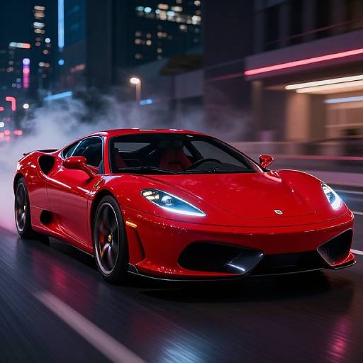 Photograph of a sleek, red, high-performance sports car with bright headlights, driving at night through a city street, surrounded by neon lights and smoke