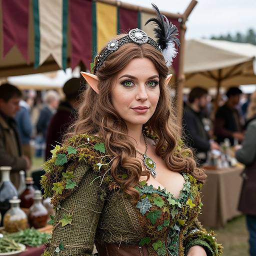 Photograph of a fair-skinned, brown-haired elf woman with pointed ears, wearing a leafy, brown-green medieval-style dress and black feathered