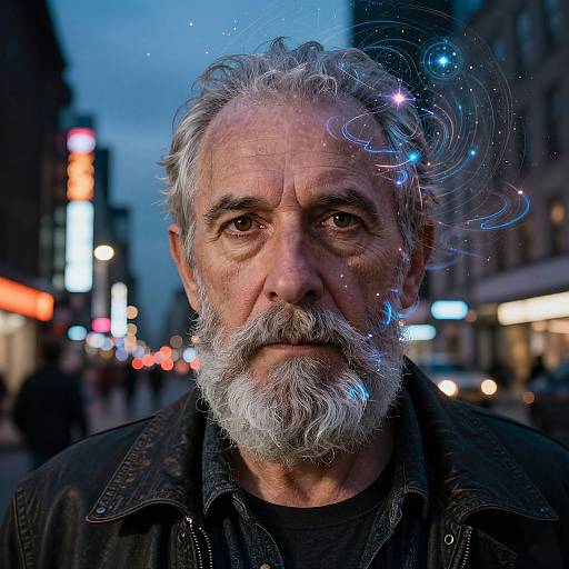 Photograph of an elderly man with a white beard, wearing a dark jacket, set against a city street at dusk, with glowing neon lights and eth