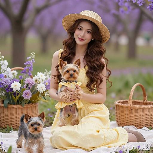 Charming Woman with Yorkshire Terrier Outdoors