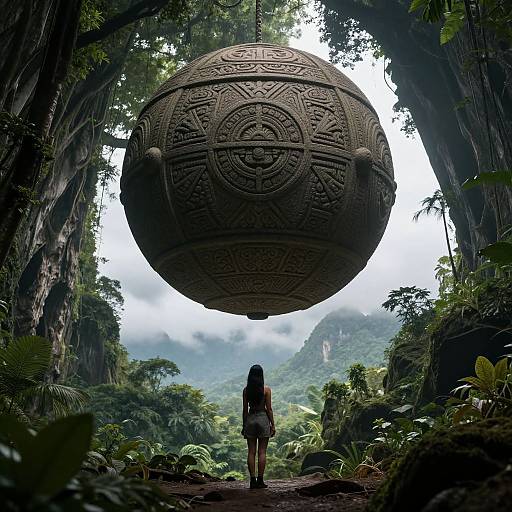Photograph-style digital art: A lone girl with long black hair stands beneath a massive, intricately patterned, floating stone sphere in a lush,