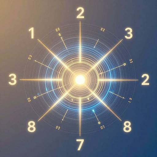 Digital art of a glowing clock face with bright white numbers, blue and yellow radiating lines, and a luminous center against a dark blue background.