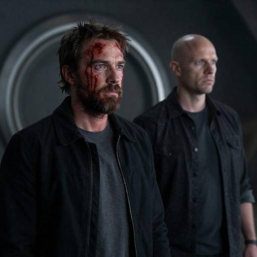 Weary Men in a Dark Futuristic Scene