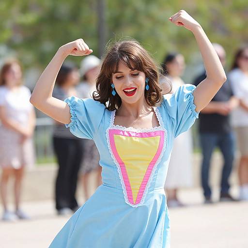 Photograph of a smiling young woman with brown hair in a light blue dress with a yellow and pink triangle, flexing her arms outdoors, with blurred