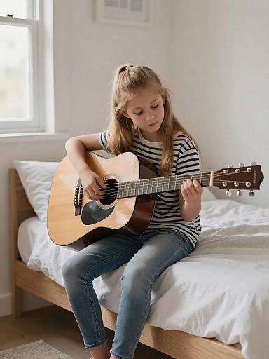 Girl Practicing Guitar in Cozy Bedroom