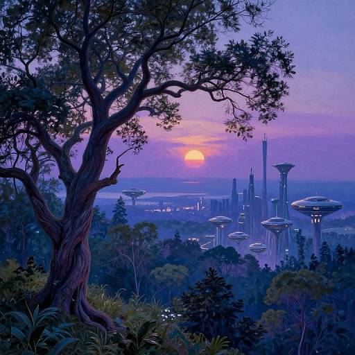 Fantasy CGI landscape: large, twisted tree in foreground, futuristic cityscape with hovering saucer-like structures in background, purple and pink sunset, dense