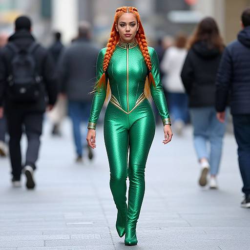 Photograph of a striking woman with long red braids, wearing a shiny green, form-fitting, long-sleeve bodysuit, walking