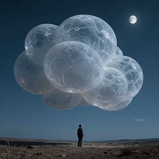 Photograph of a silhouetted person standing in a desert at night, gazing at a glowing, ethereal cluster of transparent, bubble-like