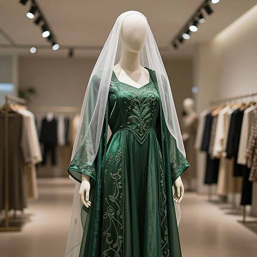 Photograph of a faceless mannequin in a green, intricately embroidered medieval-style dress with long sleeves and a white veil, displayed in a