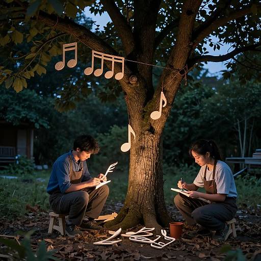Photograph of two young people, one male and one female, squatting under a tree at dusk, writing by soft, musical string lights.