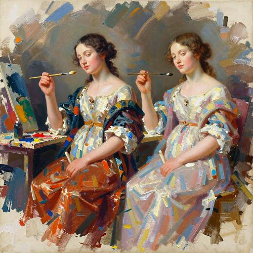 Impressionist painting of two fair-skinned women with dark hair, wearing white dresses with colorful splashes, painting at an easel.