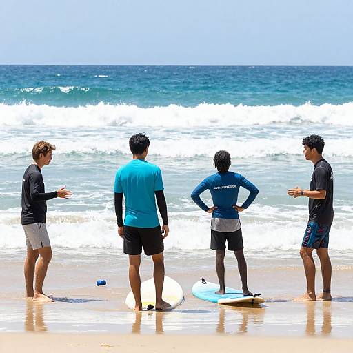 Four male surfers in wetsuits stand on a sunny beach, discussing near the ocean with waves crashing in the background.
