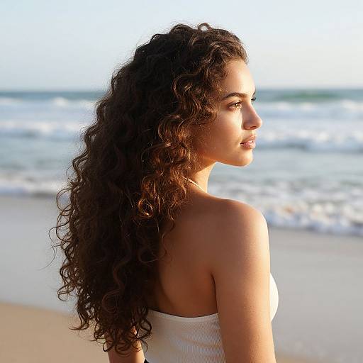 Photograph of a young woman with long, curly brown hair, wearing a strapless white top, standing on a sunny beach with ocean waves in the