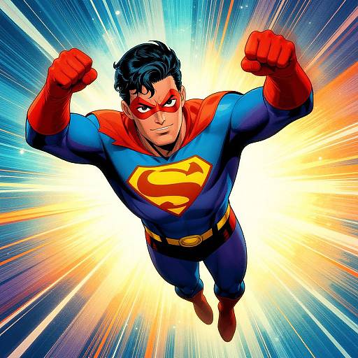 Digital illustration of Superman flying, arms raised in fists, wearing blue suit with red gloves and cape, yellow 