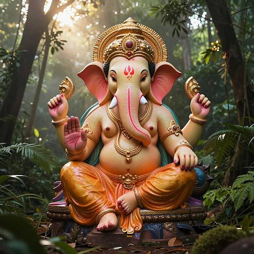 Sunlit Jungle Ganesh Statue in Mist