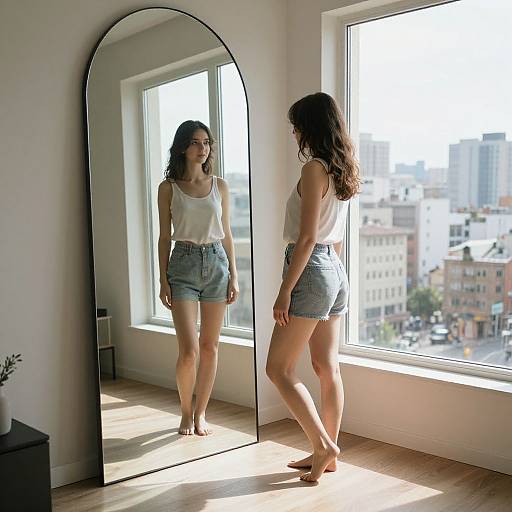 Photograph of a young woman with curly brown hair, wearing a white tank top and blue denim shorts, standing barefoot in front of a full-length