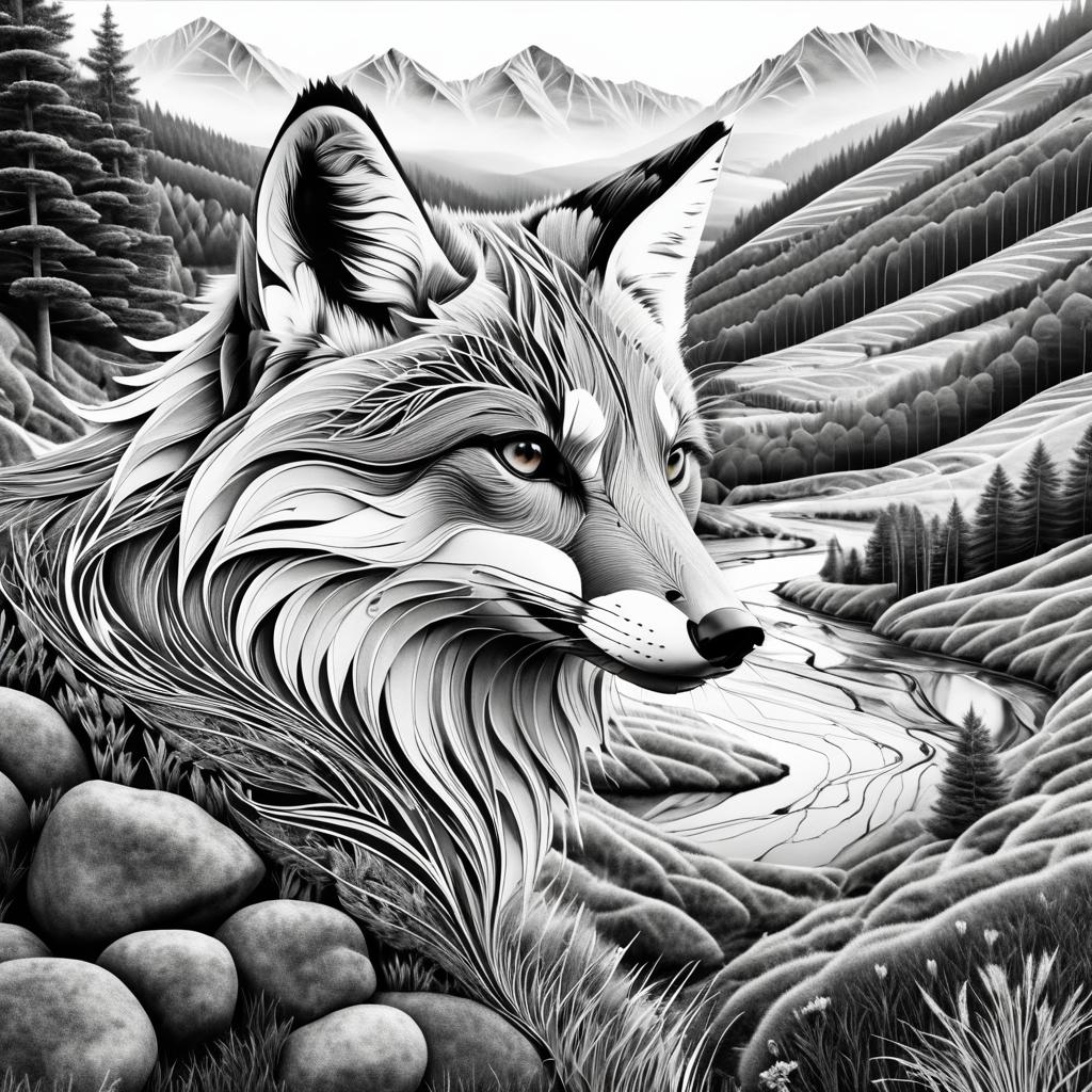 Intricate Surreal Fox Landscape Sketch