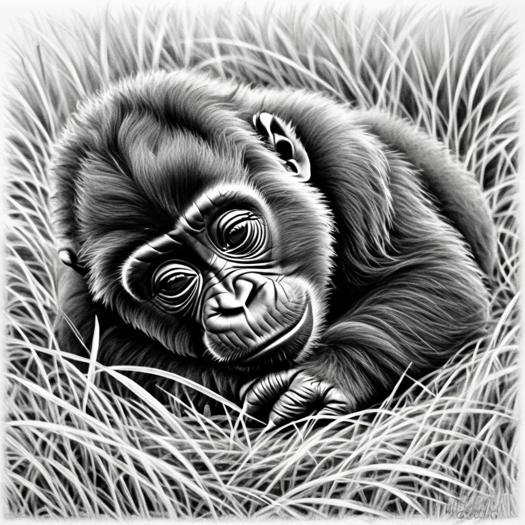 Intricate Pencil Sketch of Baby Gorilla