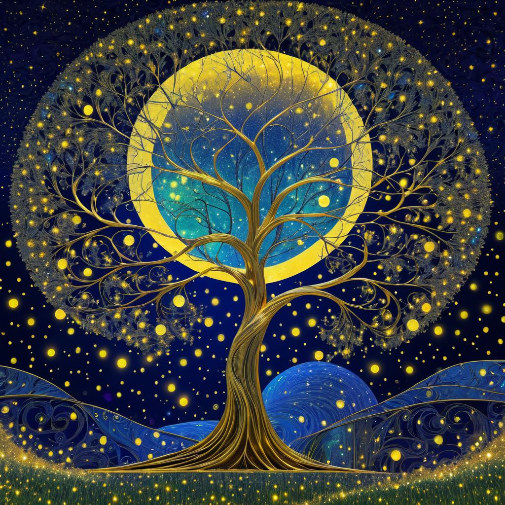 Enchanting Moonlight with Fireflies and Tree