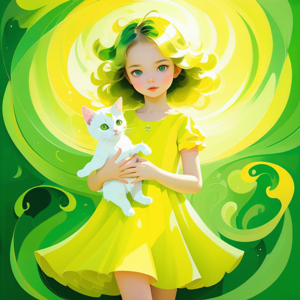 Ethereal Girl with Kitten in Yellow Dress