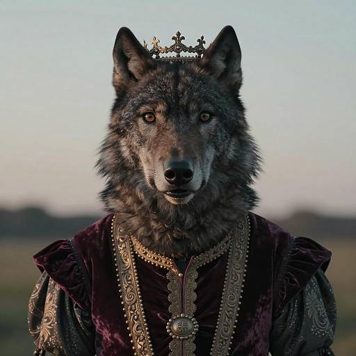 Black Wolf in Baroque Attire with Crown