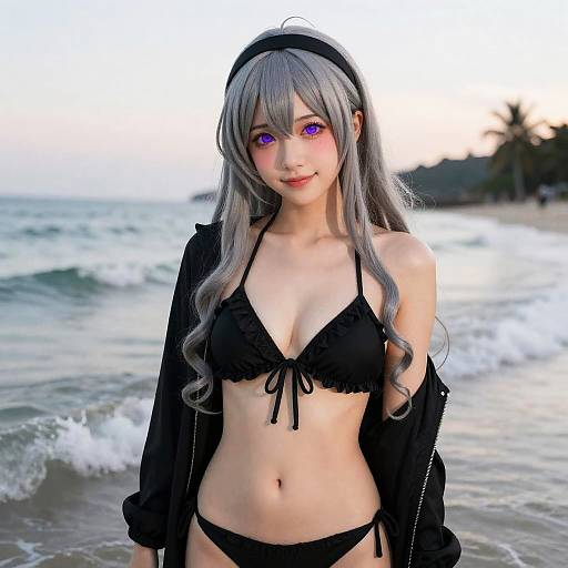 Digital anime-style photograph of a young woman with long silver hair, purple eyes, wearing a black bikini and open jacket, standing on a beach with waves