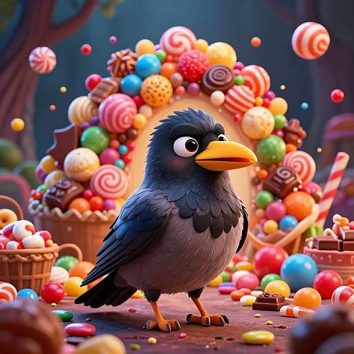 Digital illustration of a cute, cartoon-style black bird with a yellow beak, standing amidst a colorful, chaotic candy explosion in a whimsical forest setting