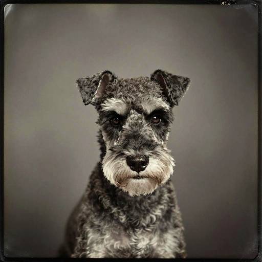 Photograph of a serious, black and white wire-haired terrier with a scruffy coat, staring directly at the camera against a blurred gray background.