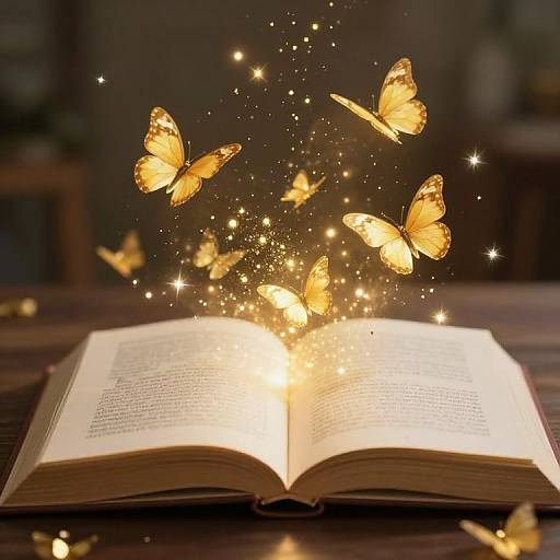 Photograph of an open book emitting glowing golden butterflies and sparkles, creating a magical, ethereal effect against a dark background.