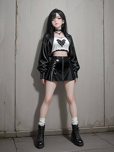 Photograph of a pale-skinned young woman with black hair, wearing a black leather jacket, white crop top, black skirt, choker, and