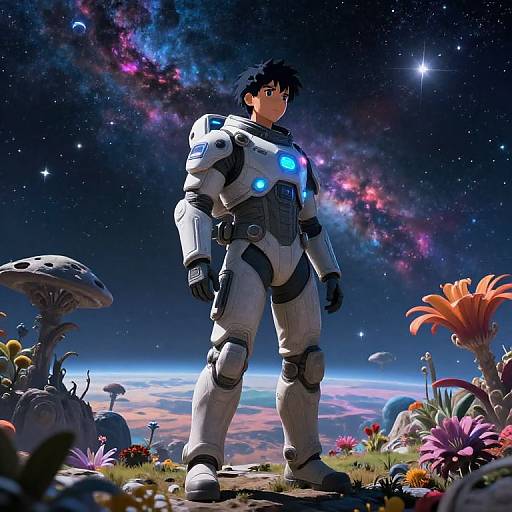 CGI illustration of a young man in white futuristic armor with blue lights, standing on a colorful alien planet with a vibrant galaxy background, surrounded by alien