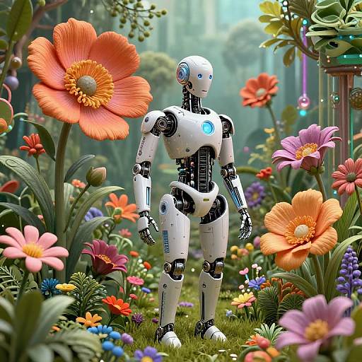 Digital artwork of a white humanoid robot standing in a vibrant, colorful garden filled with large, detailed flowers. Light filters through trees in the background.