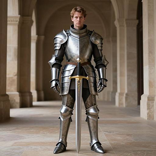 Photorealistic CGI of a young, serious-looking man in shiny medieval armor, standing in a stone colonnade, holding a silver sword.