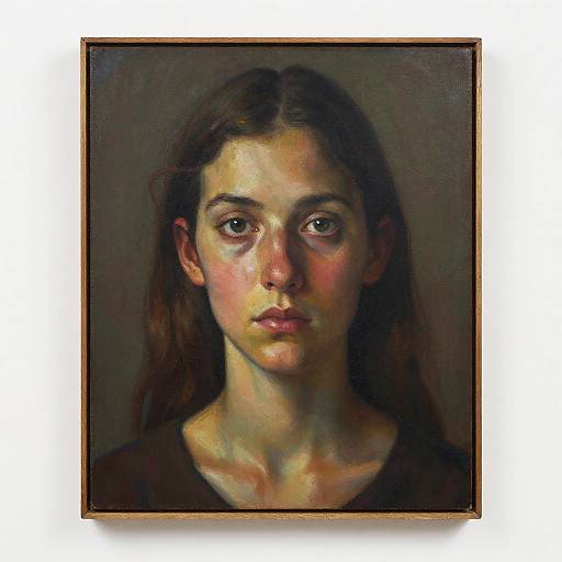 Photorealistic oil painting of a young woman with long brown hair, fair skin, and solemn expression, wearing a dark shirt, against a dark background