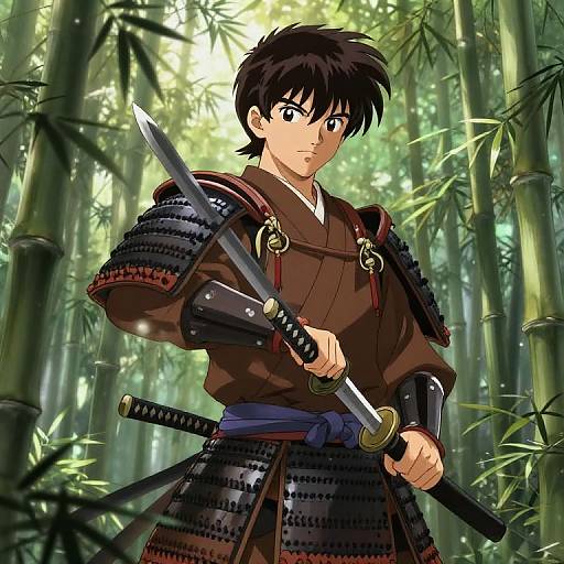 Anime-style illustration of a young samurai with black hair, wearing brown and black armor, holding a katana in a bamboo forest.