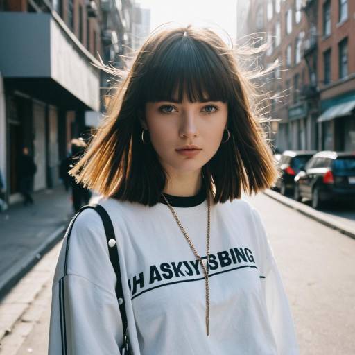 Young Woman with Curtain Bangs in Urban Streetwear