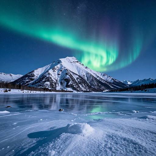 Photograph of a snow-covered mountain under a vivid green and blue aurora borealis, reflecting on a frozen lake.