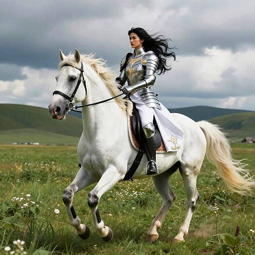 Princess in Regal Armor Riding White Horse
